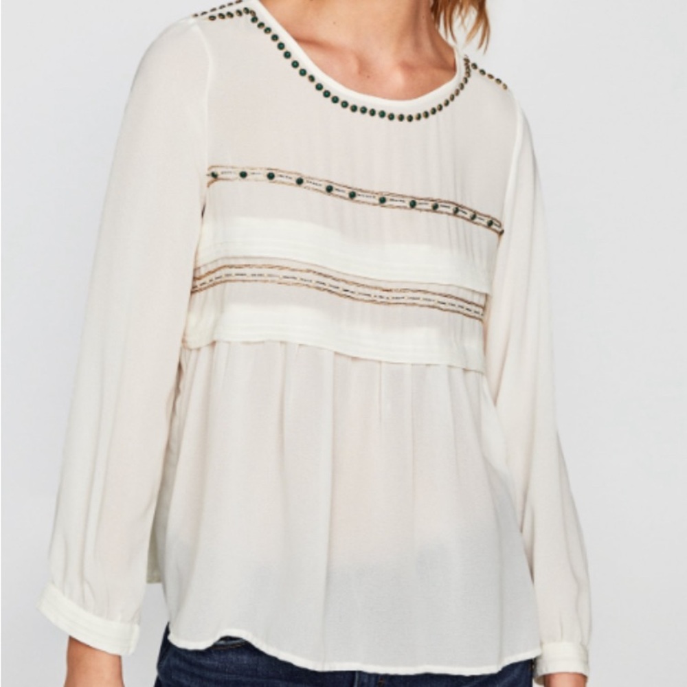 Zara Semi Sheer White with Emerald and Gold Beaded Chiffon Blouse